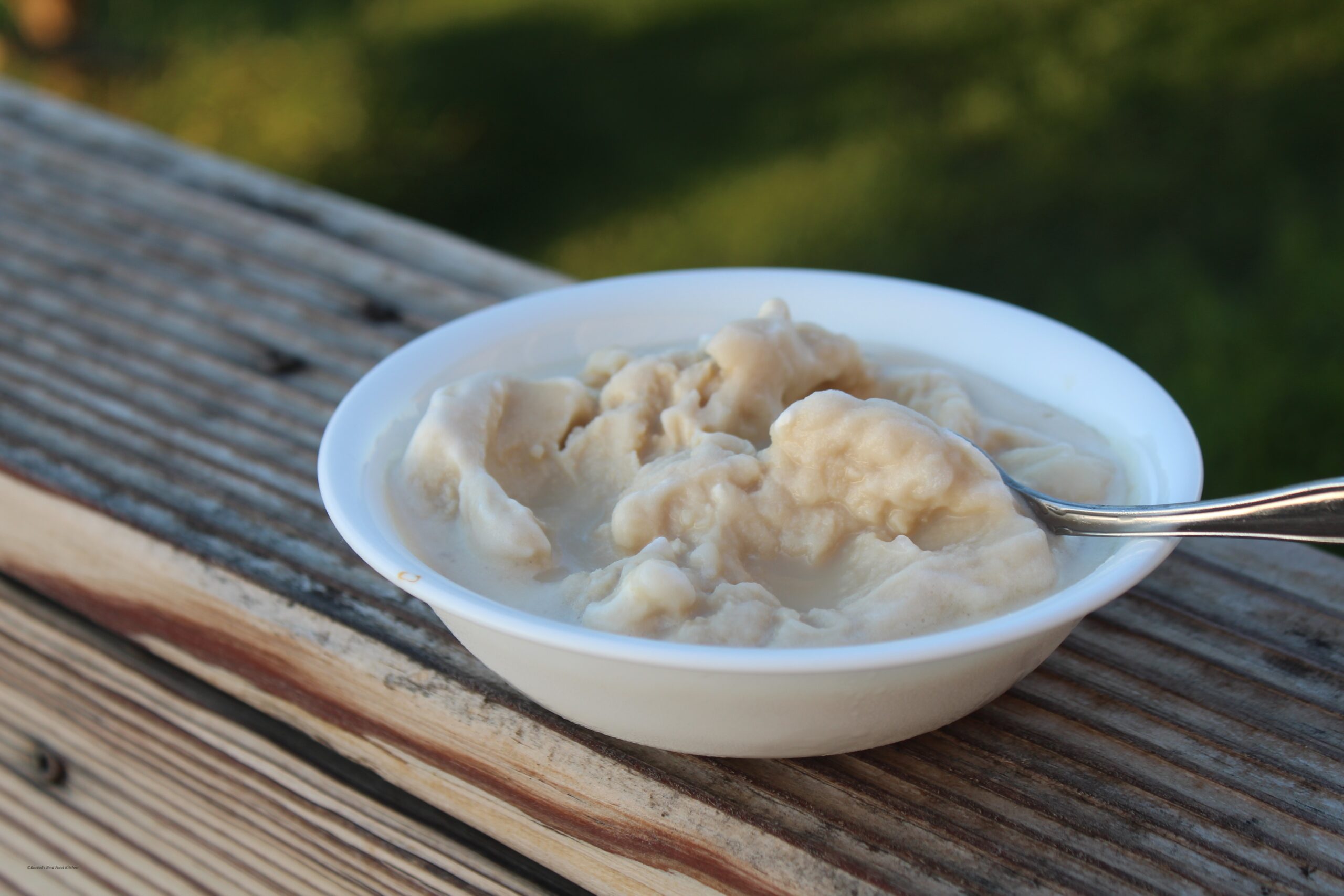 A bowl of creamy homemade ice cream without eggs, waiting to be served.